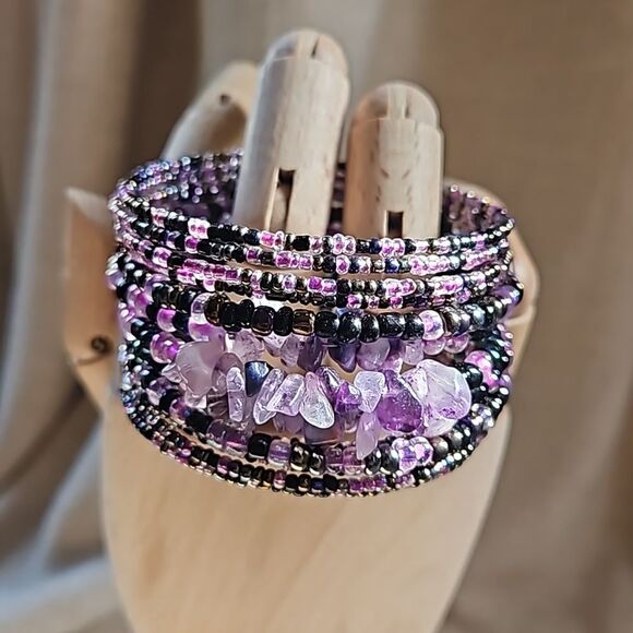 Source Unknown Jewelry - Whimsy Goth Beaded Cuff Bracelet Purple Black Pink
